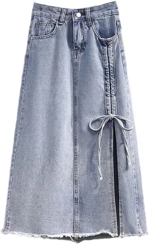 Women's Casual High Waisted Denim Skirt Bow Slim Fit Mid Length A-Line Jeans Skirts