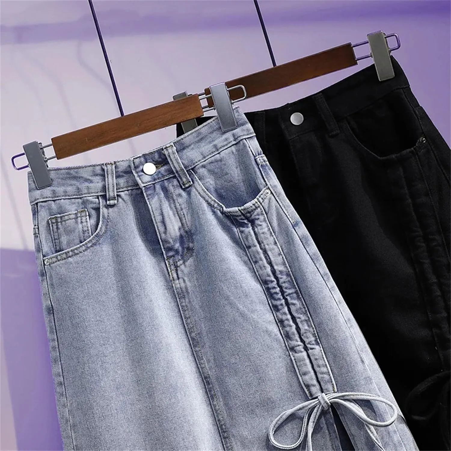 Women's Casual High Waisted Denim Skirt Bow Slim Fit Mid Length A-Line Jeans Skirts