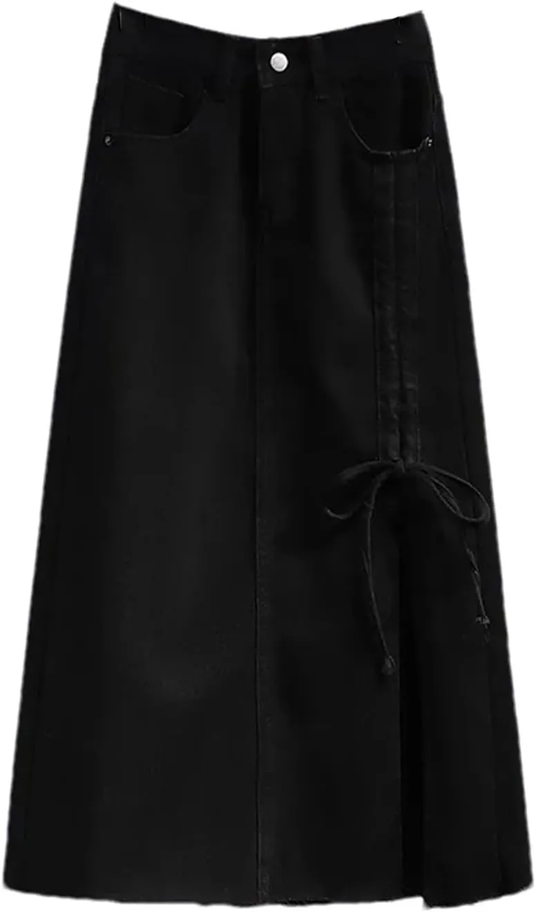 Women's Casual High Waisted Denim Skirt Bow Slim Fit Mid Length A-Line Jeans Skirts