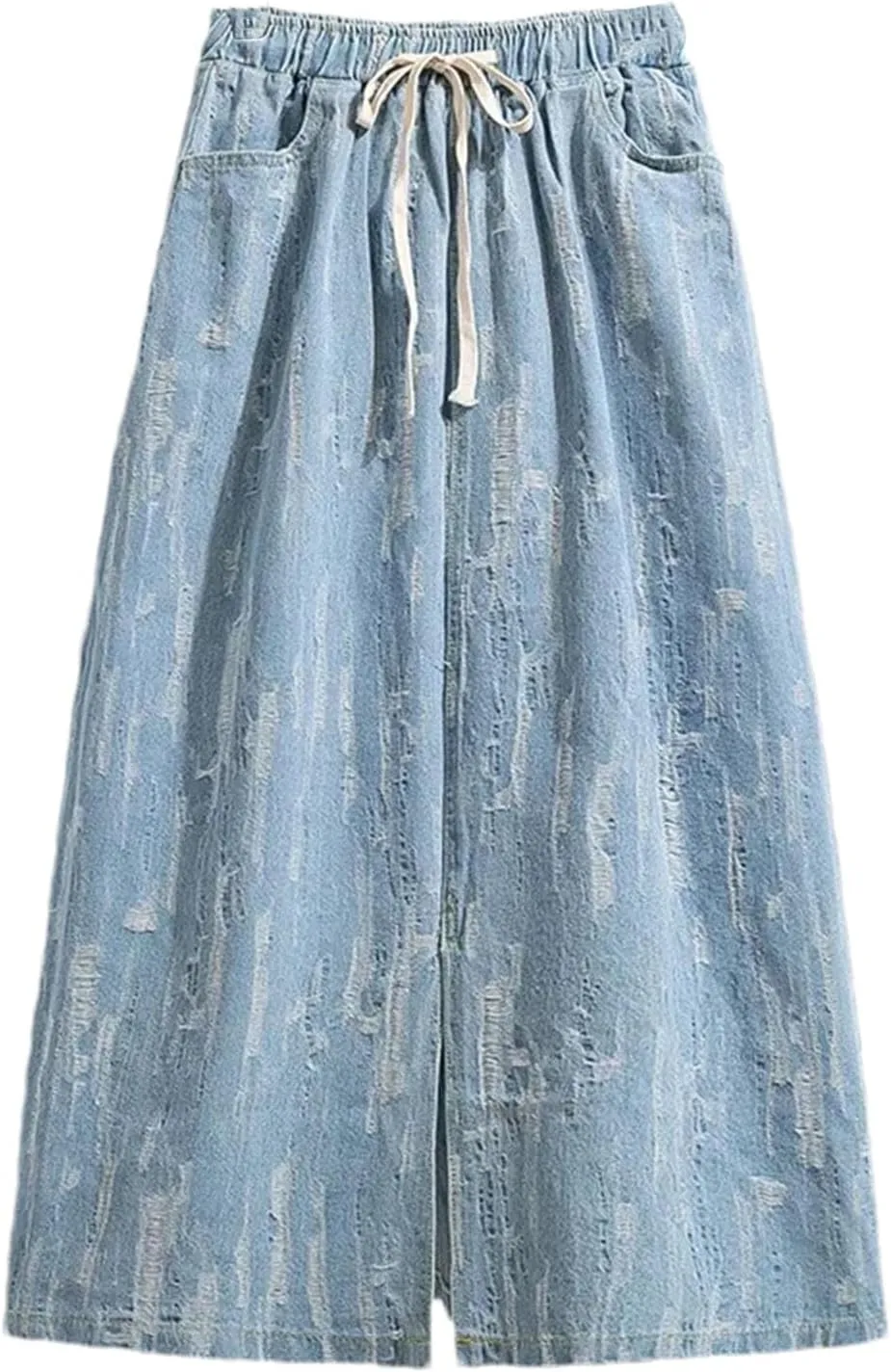 Women's Casual High-Waisted Drawstring Denim Skirt Plus Size Pleated Split Jeans Skirts