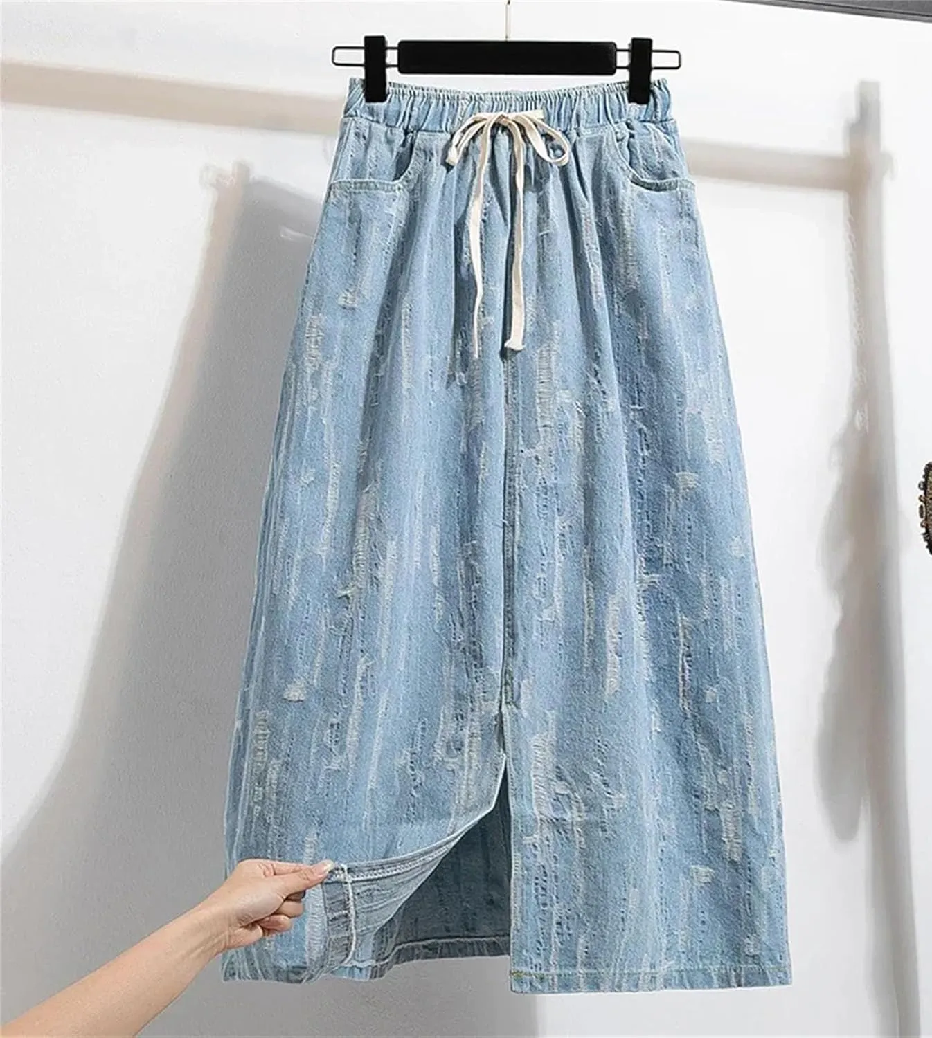Women's Casual High-Waisted Drawstring Denim Skirt Plus Size Pleated Split Jeans Skirts