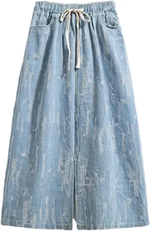 Women's Casual High-Waisted Drawstring Denim Skirt Plus Size Pleated Split Jeans Skirts