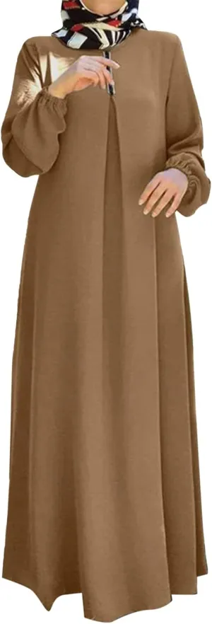 Womens Casual Maxi Dress Chiffon Long Sleeve Mock Neck Robe Abaya Muslim Ramadan Dress Flowy Islamic Evening Gown