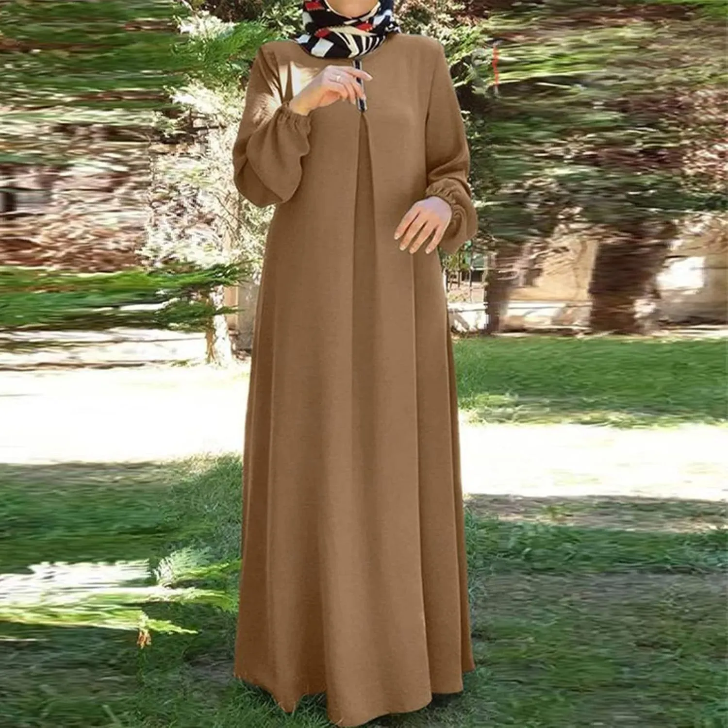 Womens Casual Maxi Dress Chiffon Long Sleeve Mock Neck Robe Abaya Muslim Ramadan Dress Flowy Islamic Evening Gown