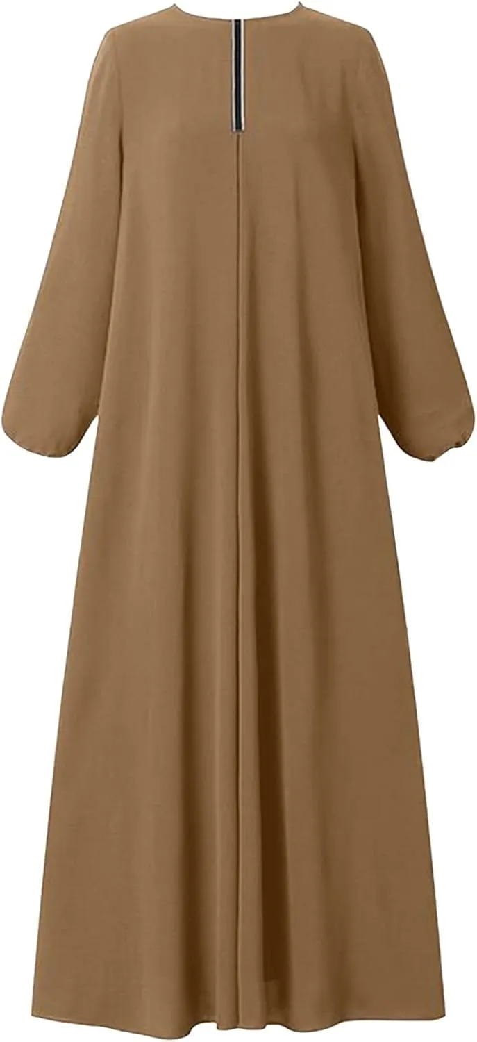 Womens Casual Maxi Dress Chiffon Long Sleeve Mock Neck Robe Abaya Muslim Ramadan Dress Flowy Islamic Evening Gown