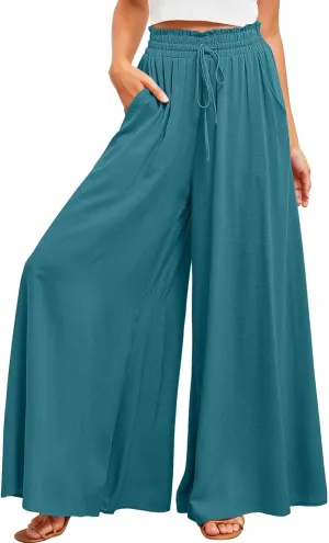 Womens Casual Wide Leg Pants Ruffle Elastic Drawstring Beach Palazzo Loose Pants Comfy Trousers with Pockets