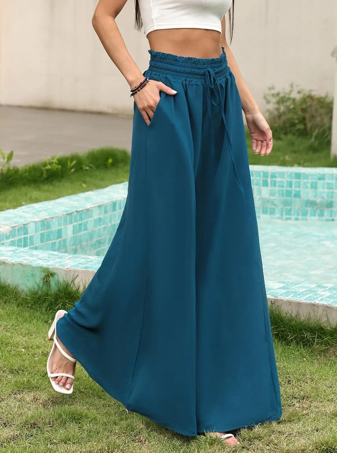 Womens Casual Wide Leg Pants Ruffle Elastic Drawstring Beach Palazzo Loose Pants Comfy Trousers with Pockets