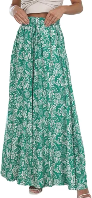 Womens Casual Wide Leg Pants Ruffle Elastic Drawstring Beach Palazzo Loose Pants Comfy Trousers with Pockets