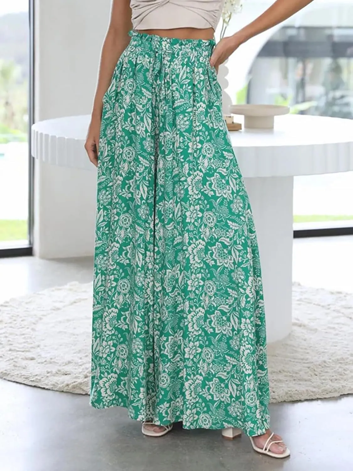 Womens Casual Wide Leg Pants Ruffle Elastic Drawstring Beach Palazzo Loose Pants Comfy Trousers with Pockets