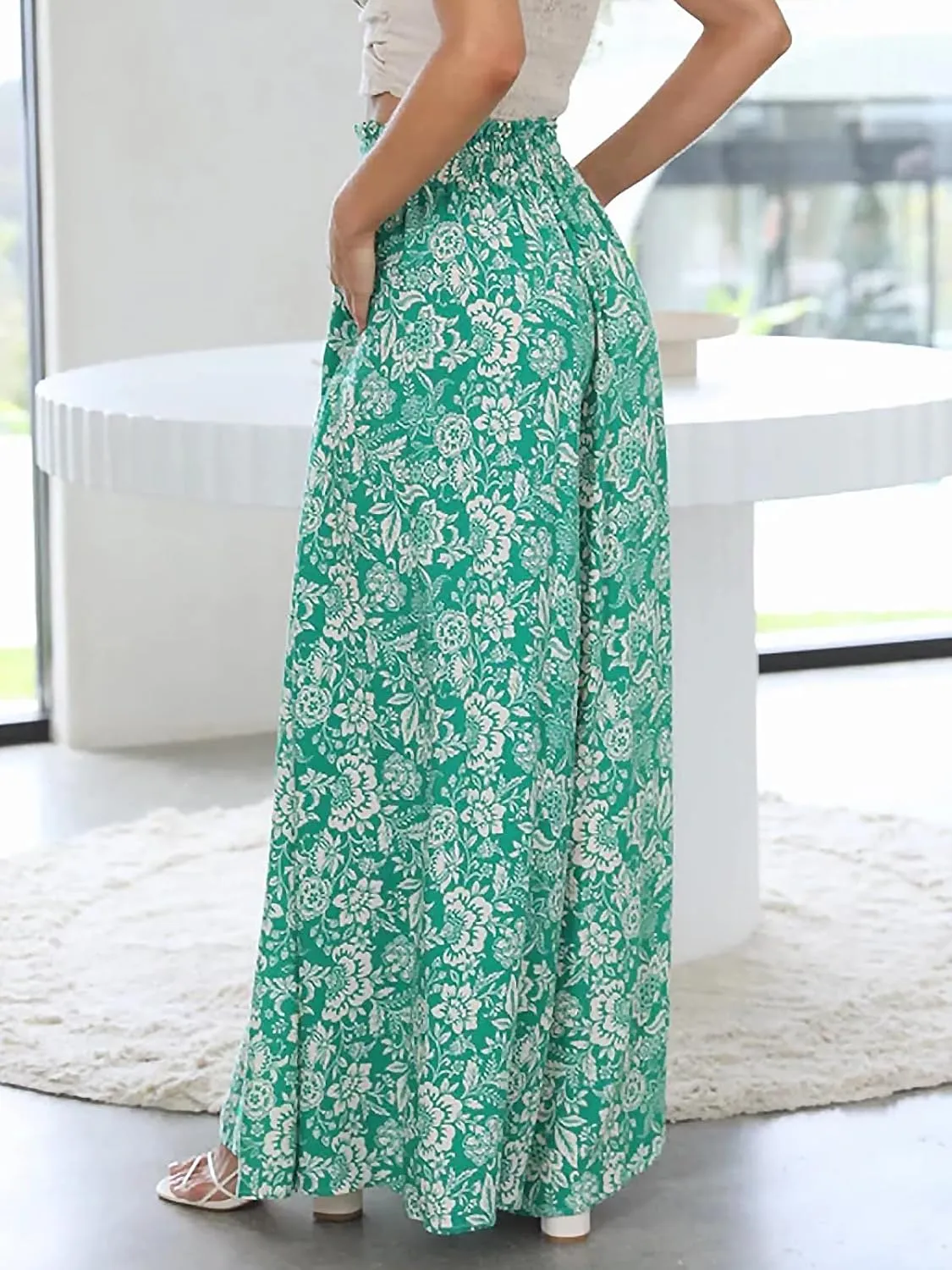 Womens Casual Wide Leg Pants Ruffle Elastic Drawstring Beach Palazzo Loose Pants Comfy Trousers with Pockets