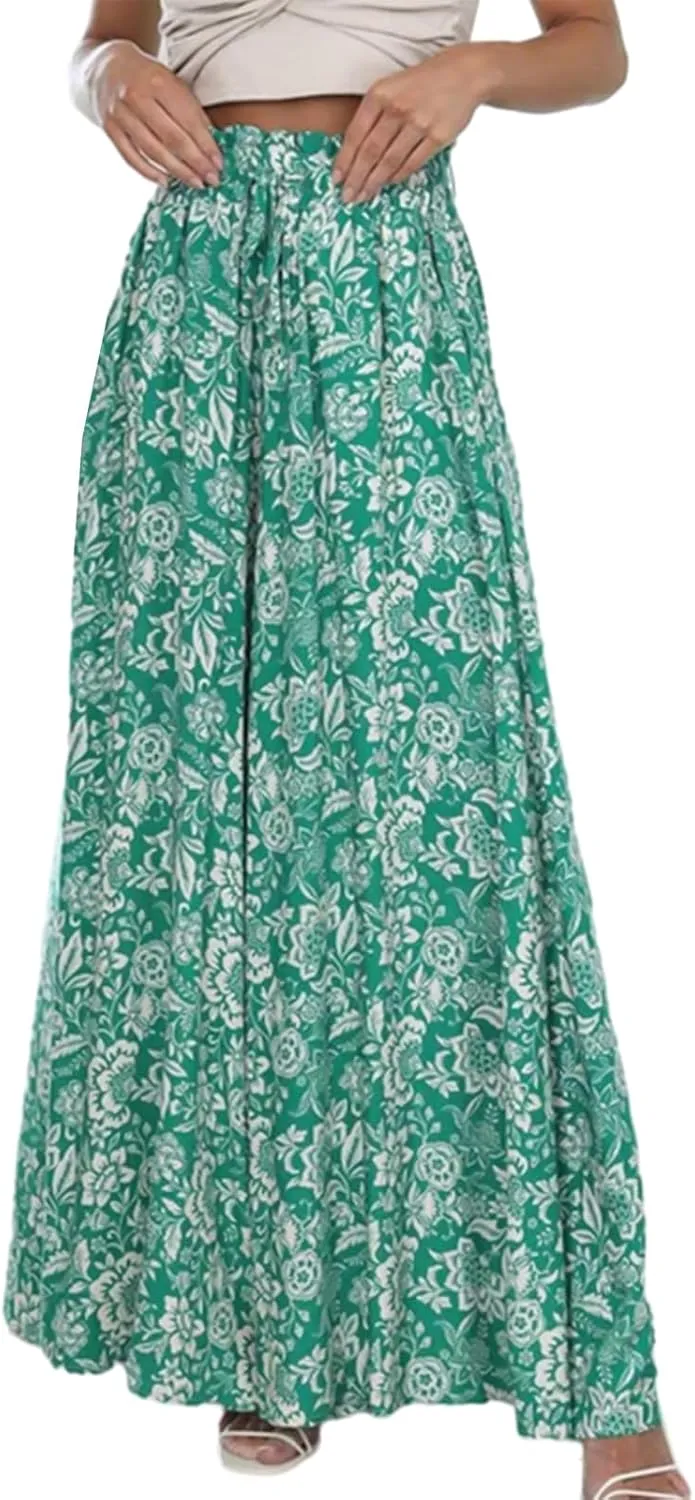 Womens Casual Wide Leg Pants Ruffle Elastic Drawstring Beach Palazzo Loose Pants Comfy Trousers with Pockets