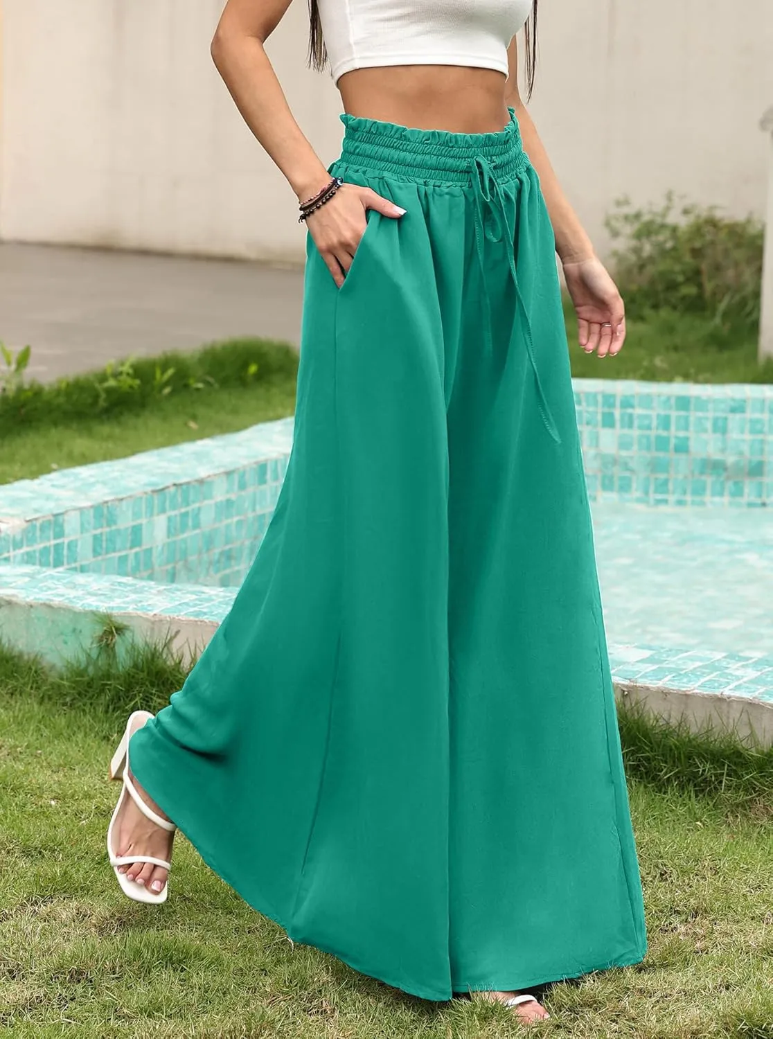 Womens Casual Wide Leg Pants Ruffle Elastic Drawstring Beach Palazzo Loose Pants Comfy Trousers with Pockets