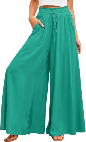 Womens Casual Wide Leg Pants Ruffle Elastic Drawstring Beach Palazzo Loose Pants Comfy Trousers with Pockets