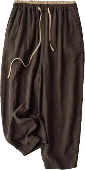 Women's Cotton Linen Loose Harem Pants Elastic Drawstring Waist Casual Ankle-Length Pants