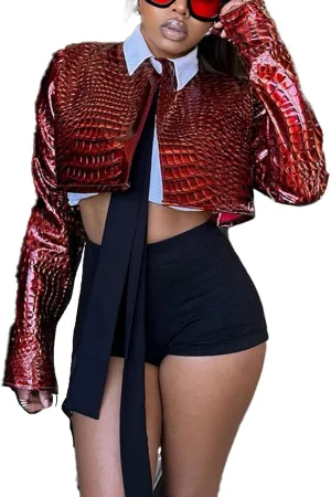 Women's Cropped Faux Leather Jacket Casual Long Sleeve Crewneck Open Front Short Coat Fall 2024 Fashion