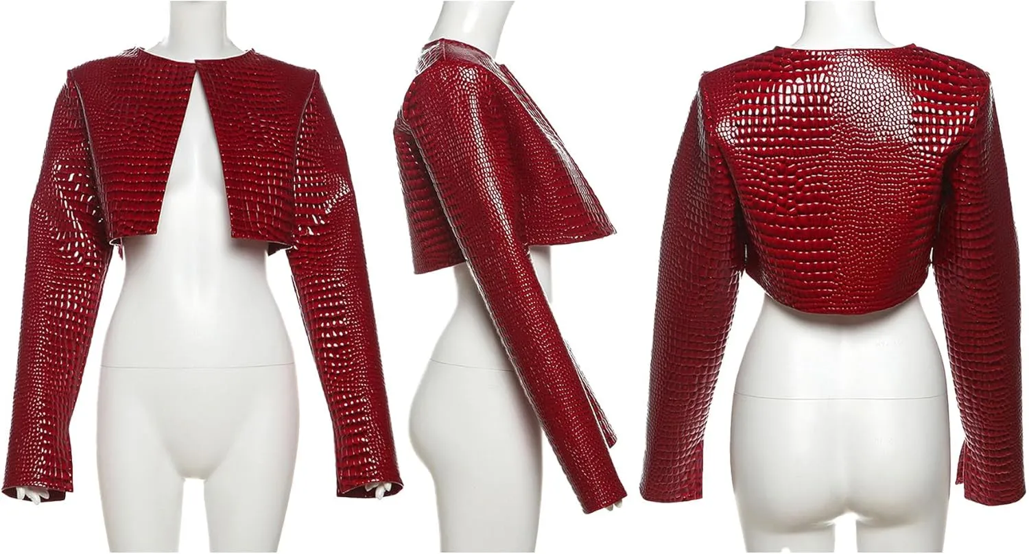 Women's Cropped Faux Leather Jacket Casual Long Sleeve Crewneck Open Front Short Coat Fall 2024 Fashion