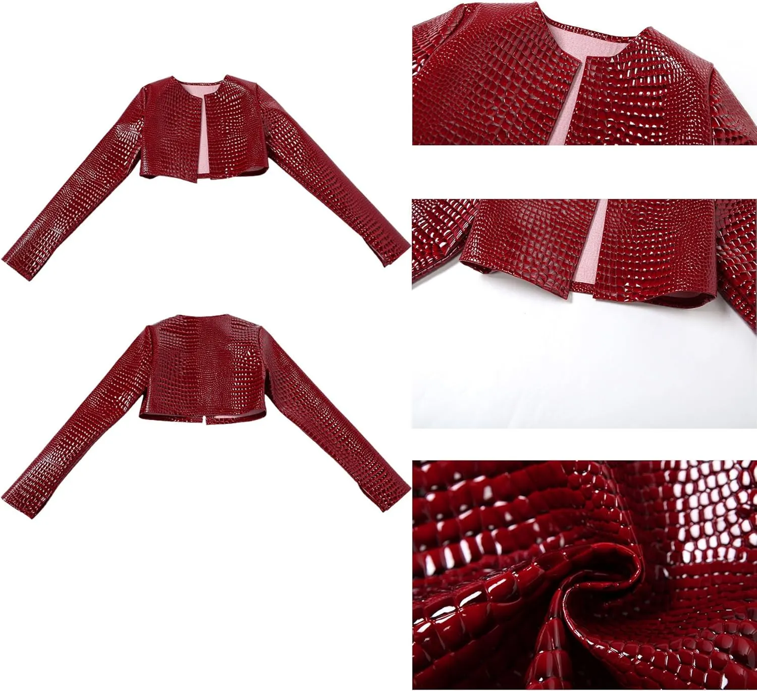 Women's Cropped Faux Leather Jacket Casual Long Sleeve Crewneck Open Front Short Coat Fall 2024 Fashion