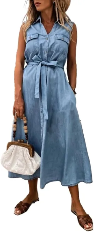 Women's Denim Shirt Dress Casual Belted Lapel Sleeveless Button Down Long Jean Maxi Dresses with Pockets 2025