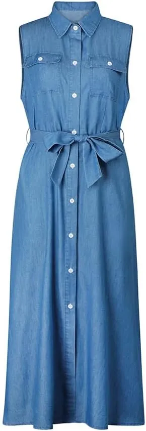 Women's Denim Shirt Dress Casual Belted Lapel Sleeveless Button Down Long Jean Maxi Dresses with Pockets 2025
