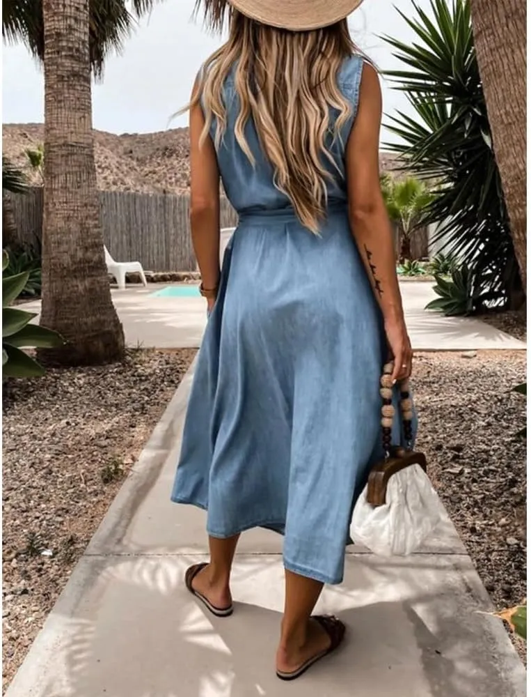 Women's Denim Shirt Dress Casual Belted Lapel Sleeveless Button Down Long Jean Maxi Dresses with Pockets 2025