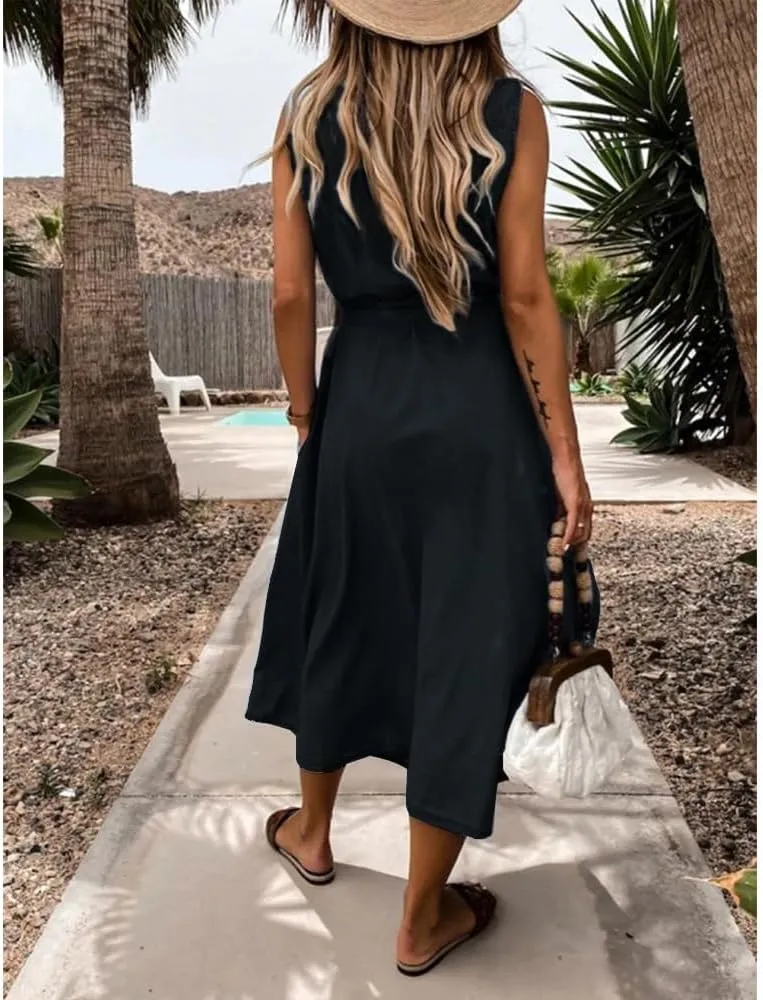 Women's Denim Shirt Dress Casual Belted Lapel Sleeveless Button Down Long Jean Maxi Dresses with Pockets 2025