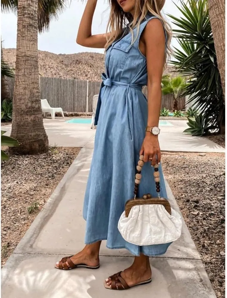 Women's Denim Shirt Dress Casual Belted Lapel Sleeveless Button Down Long Jean Maxi Dresses with Pockets 2025