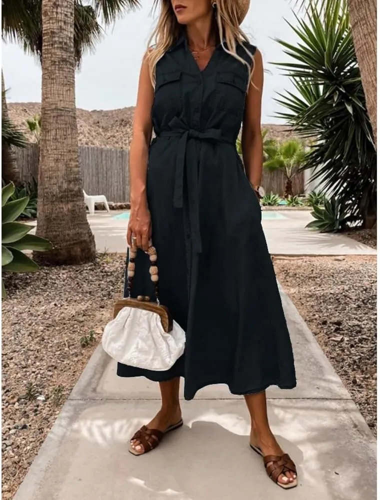 Women's Denim Shirt Dress Casual Belted Lapel Sleeveless Button Down Long Jean Maxi Dresses with Pockets 2025