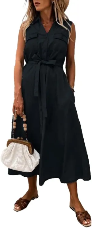 Women's Denim Shirt Dress Casual Belted Lapel Sleeveless Button Down Long Jean Maxi Dresses with Pockets 2025