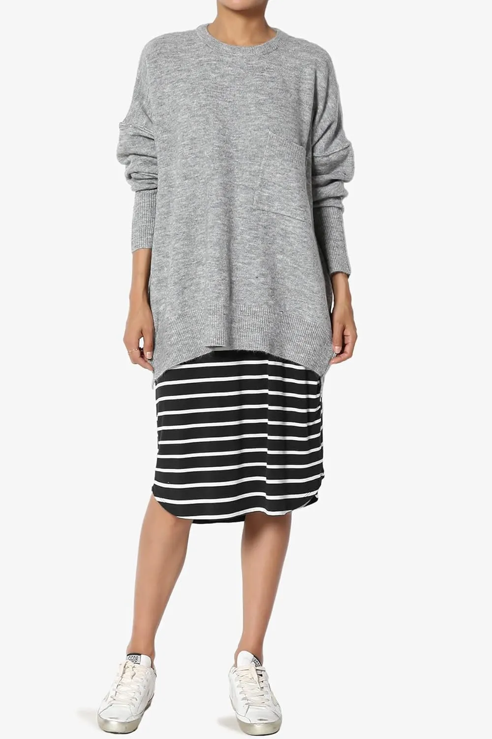 Women's Drawstring Elastic Waist Dolphin Hem Stretch Jersey Pocket Midi Skirt