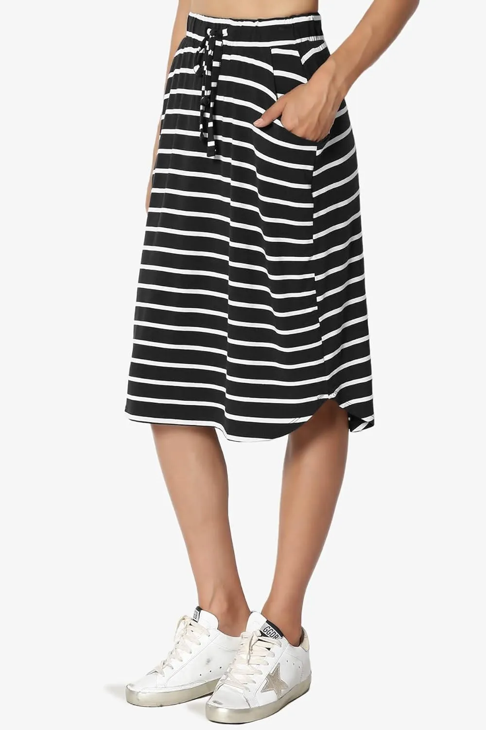 Women's Drawstring Elastic Waist Dolphin Hem Stretch Jersey Pocket Midi Skirt