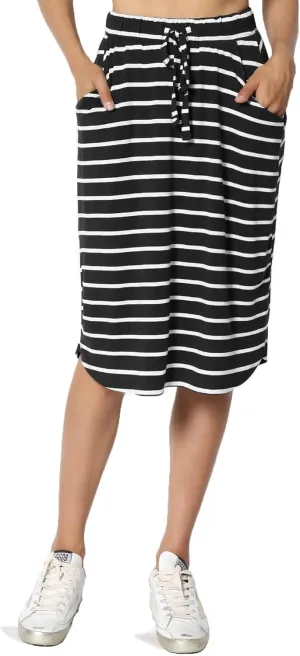 Women's Drawstring Elastic Waist Dolphin Hem Stretch Jersey Pocket Midi Skirt