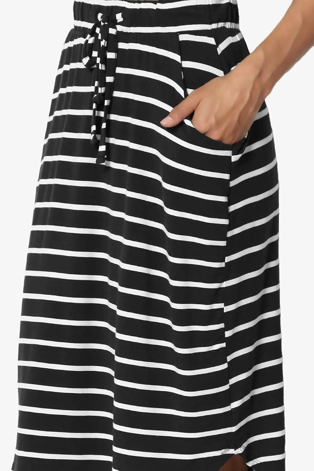 Women's Drawstring Elastic Waist Dolphin Hem Stretch Jersey Pocket Midi Skirt