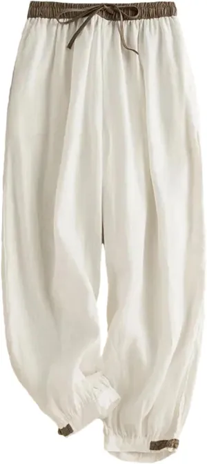 Women's Elastic Waist Color Block Harem Pants Cotton Linen Drawstring Waist Casual Pants