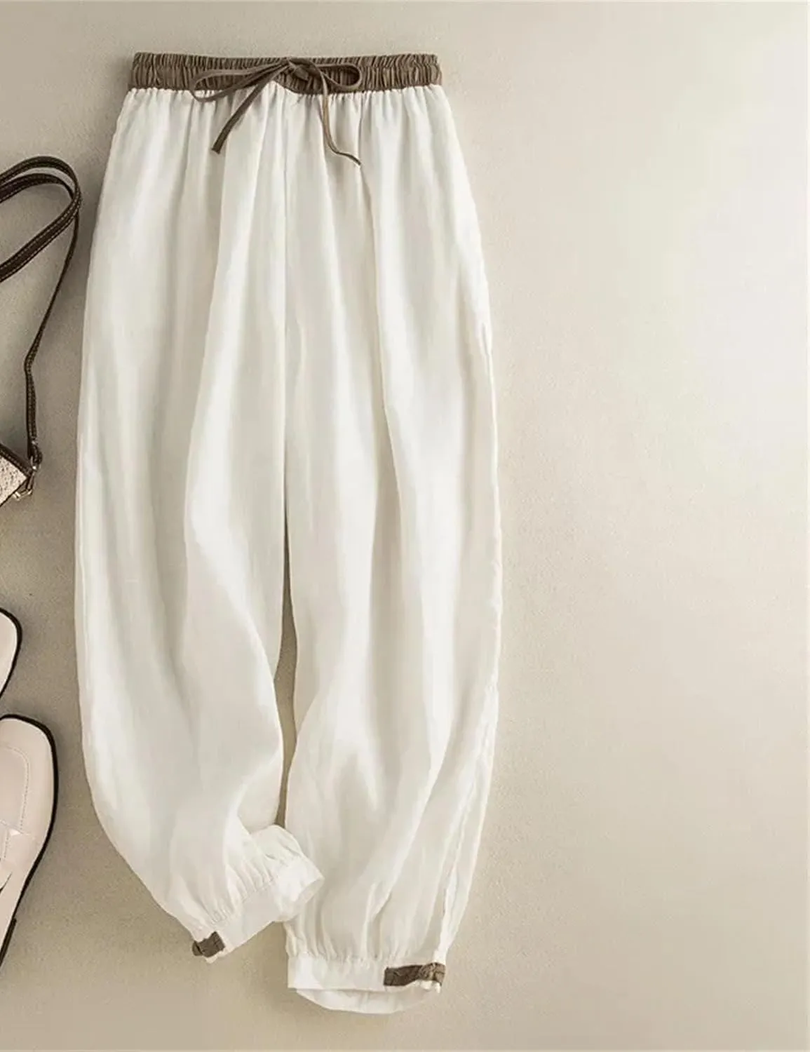 Women's Elastic Waist Color Block Harem Pants Cotton Linen Drawstring Waist Casual Pants