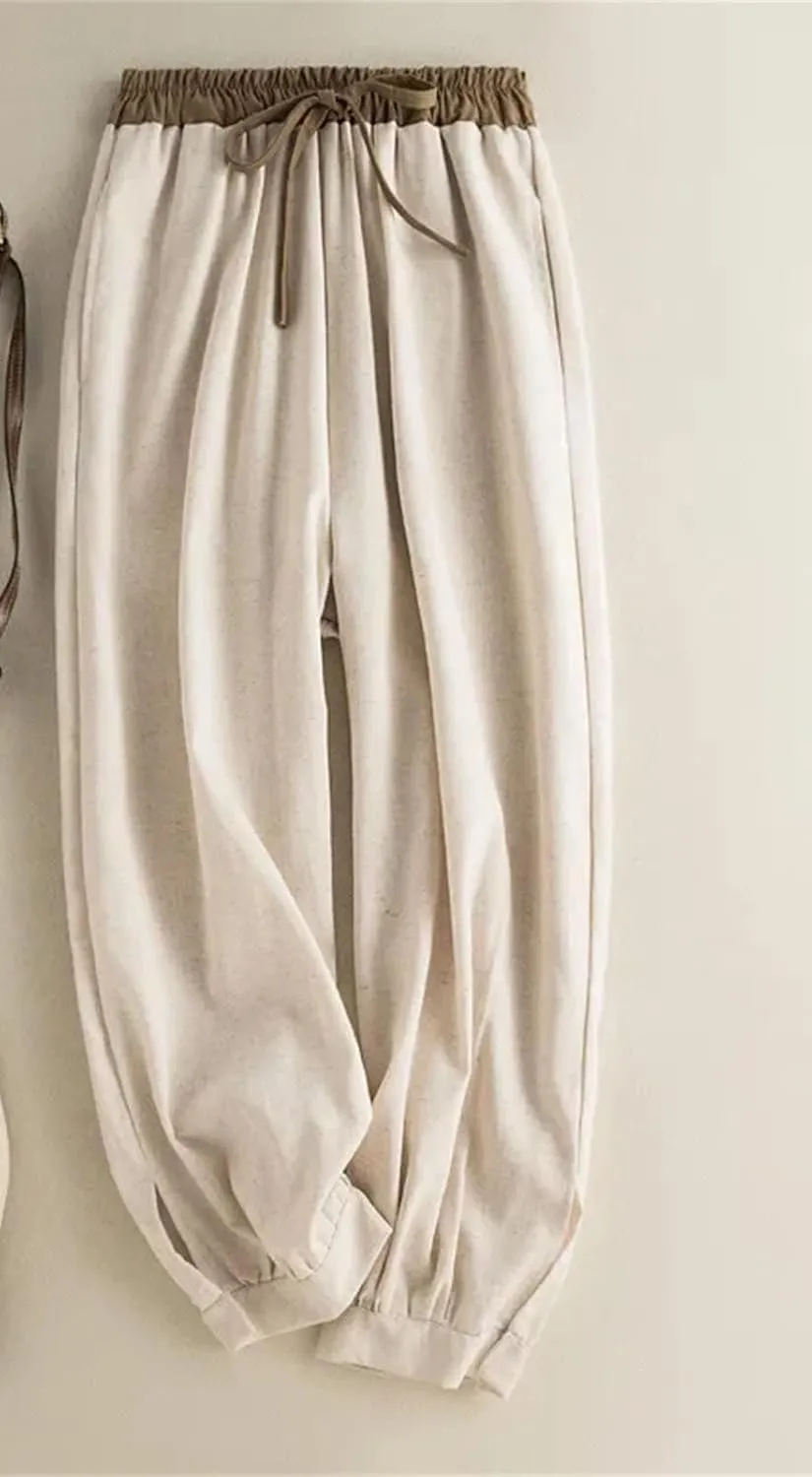 Women's Elastic Waist Color Block Harem Pants Cotton Linen Drawstring Waist Casual Pants