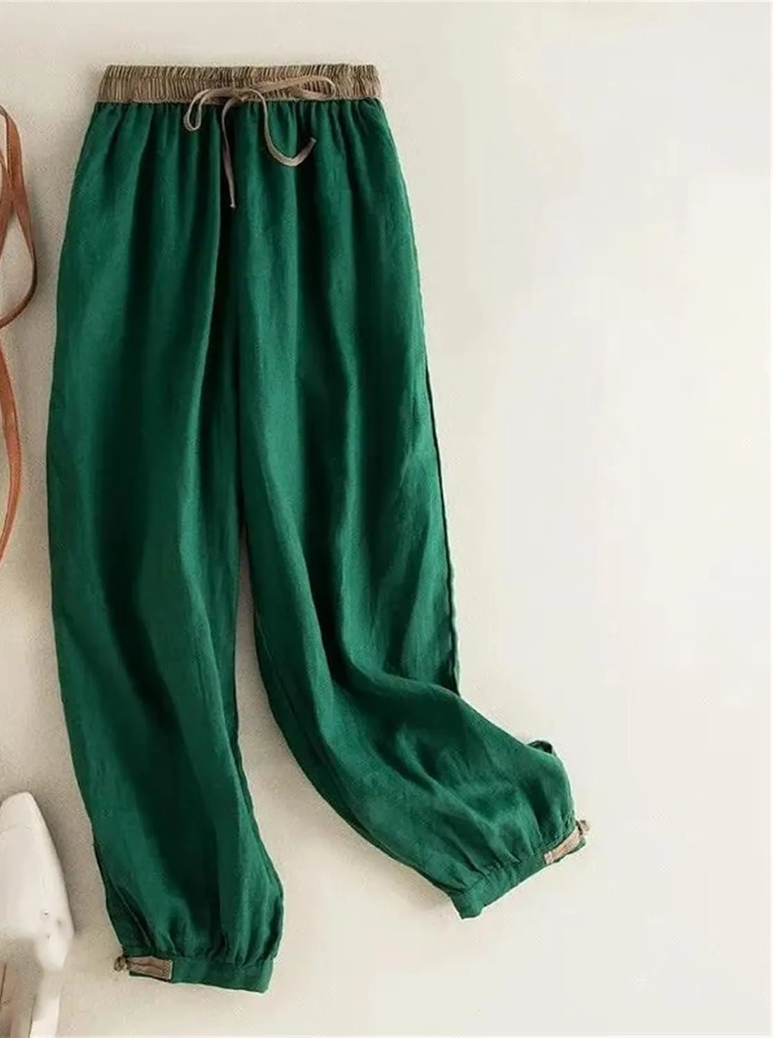 Women's Elastic Waist Color Block Harem Pants Cotton Linen Drawstring Waist Casual Pants