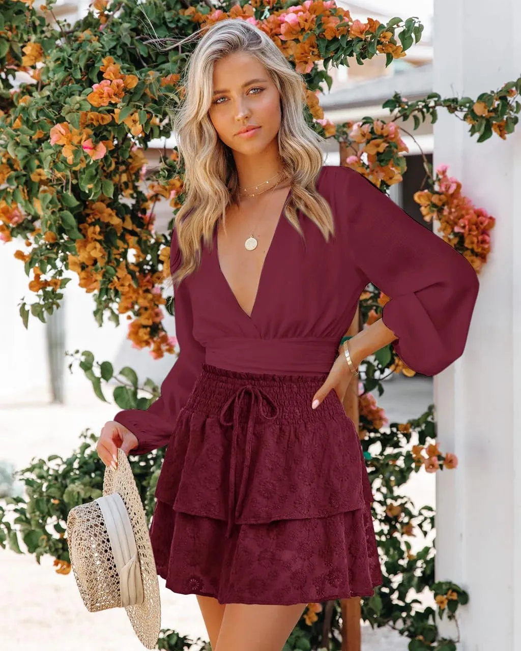 Womens Flowy Shorts Casual Boho Ruffle Tiered Mini Skirts Crochet Lace High Waist Cute Cotton Butterfly Skorts Summer Trendy