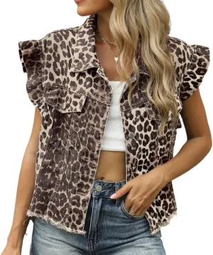 Women's Frayed Hem Denim Vests Ruffled Sleeveless Button Down Cropped Styles Summer Casual Fashion Jean Jacket