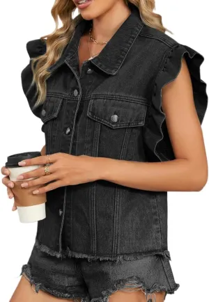 Women's Frayed Hem Denim Vests Ruffled Sleeveless Button Down Cropped Styles Summer Casual Fashion Jean Jacket