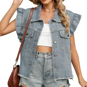 Women's Frayed Hem Denim Vests Ruffled Sleeveless Button Down Cropped Styles Summer Casual Fashion Jean Jacket