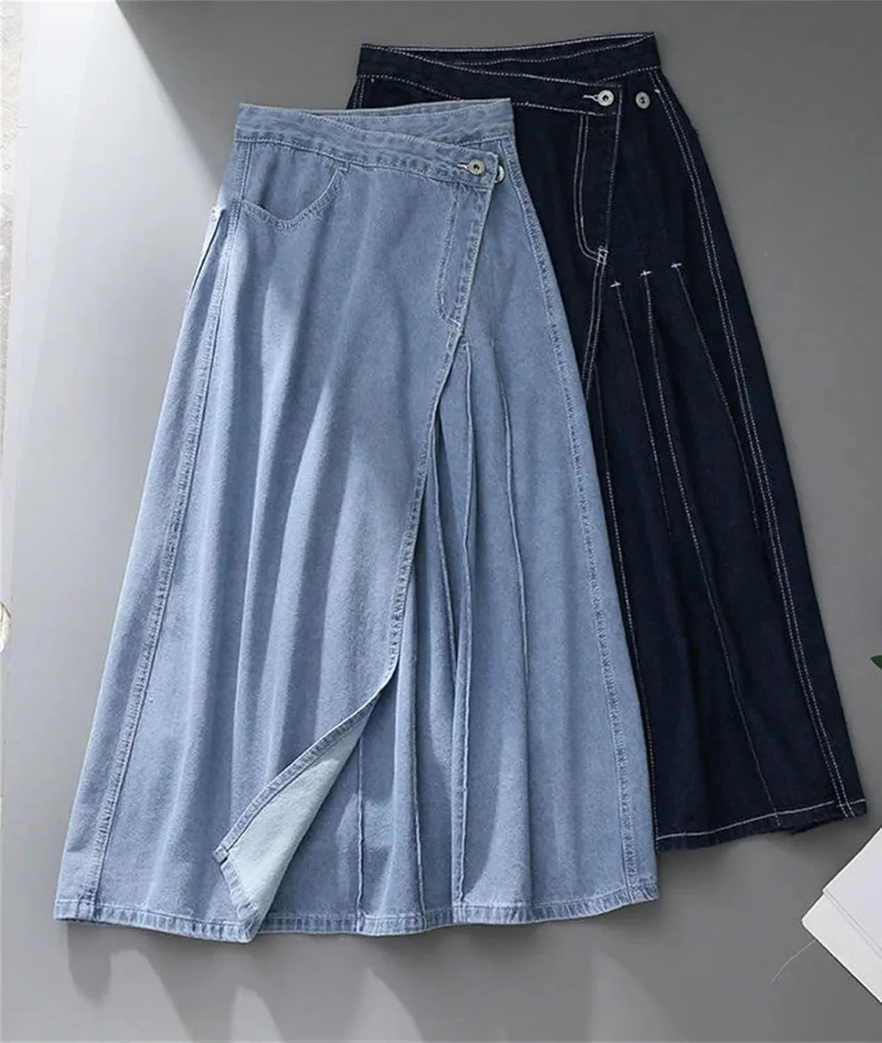 Women's High Waist Split Pleated Jeans Skirts Vintage Long Maxi Denim Skirts with Pockets