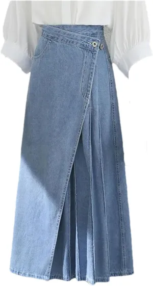Women's High Waist Split Pleated Jeans Skirts Vintage Long Maxi Denim Skirts with Pockets