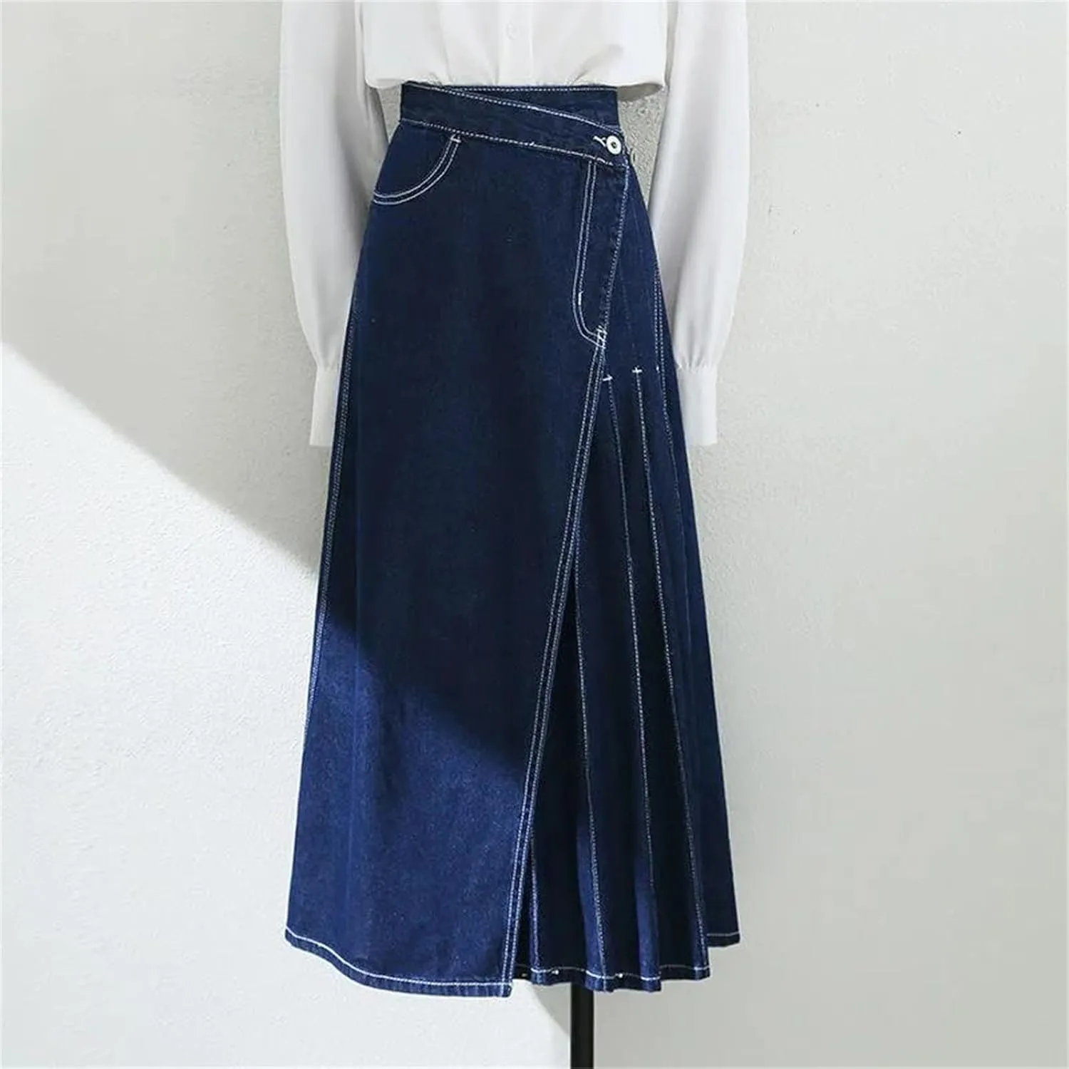 Women's High Waist Split Pleated Jeans Skirts Vintage Long Maxi Denim Skirts with Pockets