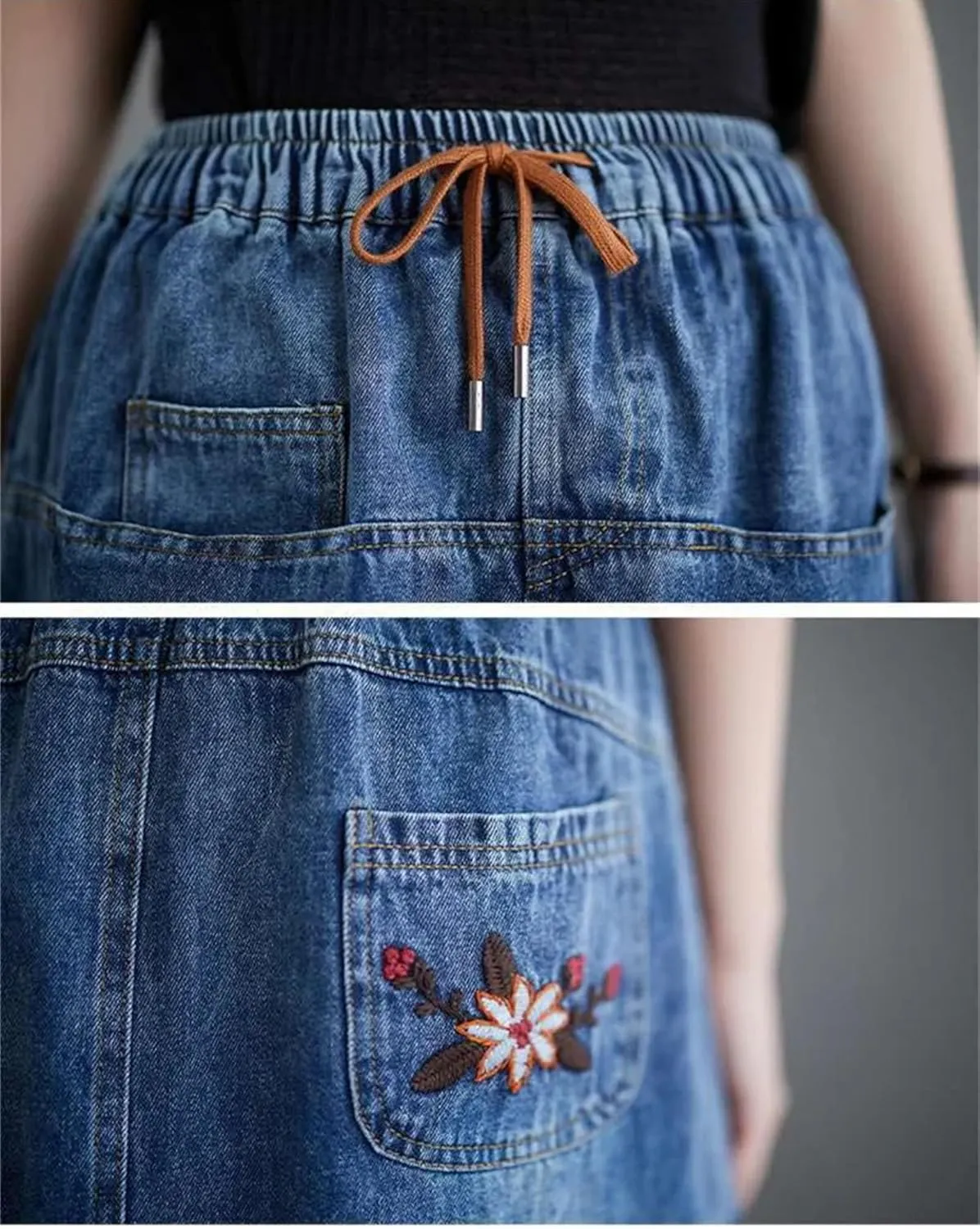 Women's High Waisted Embroidery Denim Skirt Forking Over The Knee Mid Length A-Line Jeans Skirts