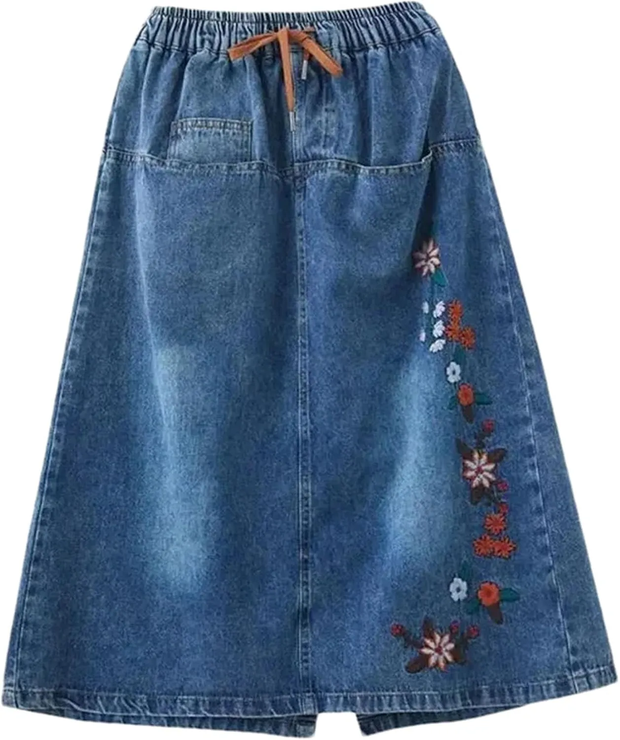 Women's High Waisted Embroidery Denim Skirt Forking Over The Knee Mid Length A-Line Jeans Skirts