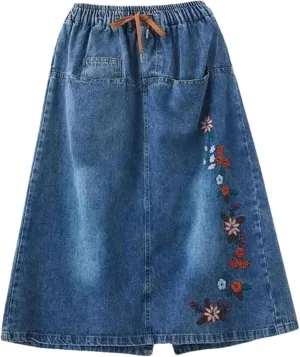 Women's High Waisted Embroidery Denim Skirt Forking Over The Knee Mid Length A-Line Jeans Skirts