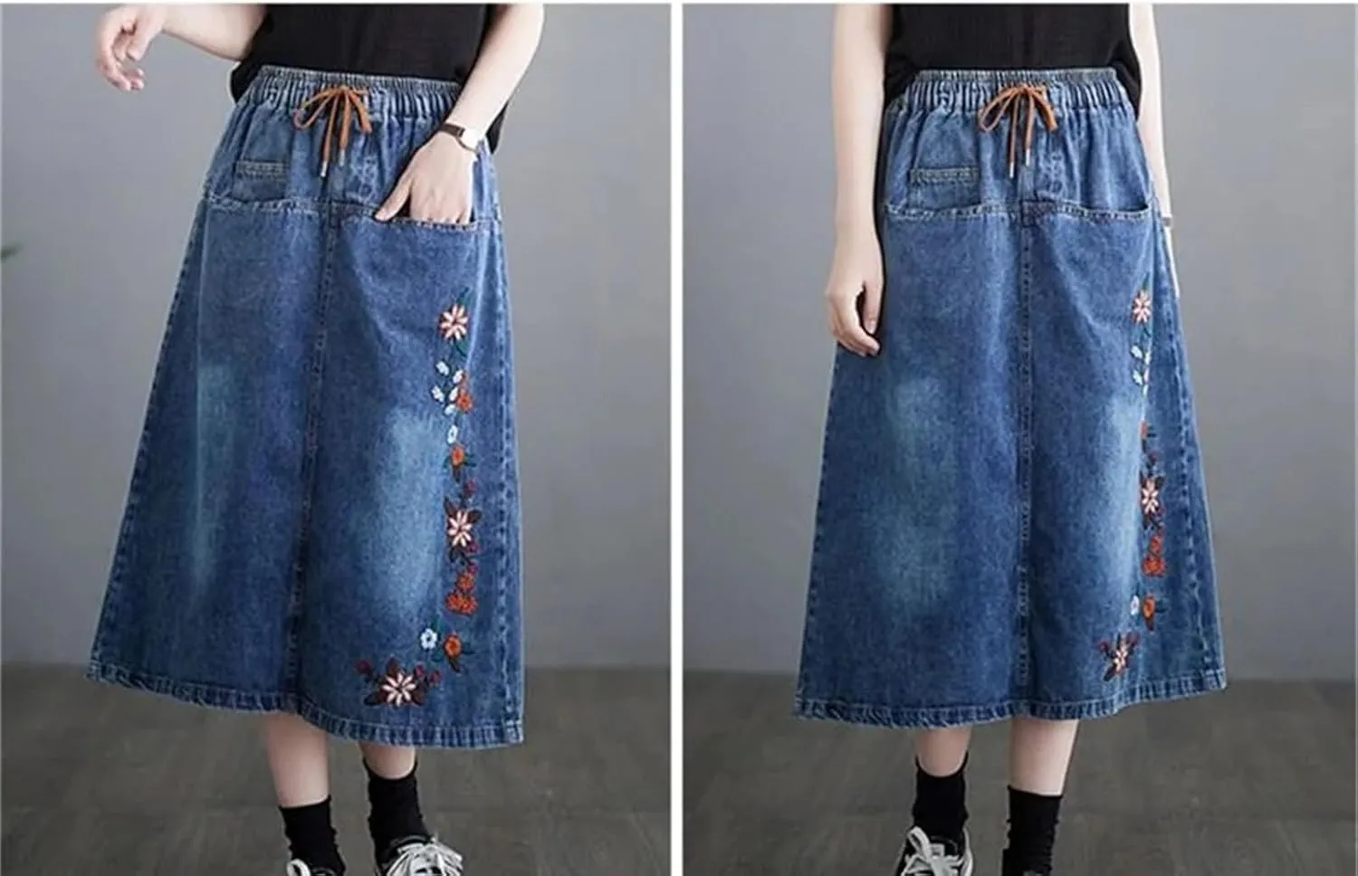 Women's High Waisted Embroidery Denim Skirt Forking Over The Knee Mid Length A-Line Jeans Skirts