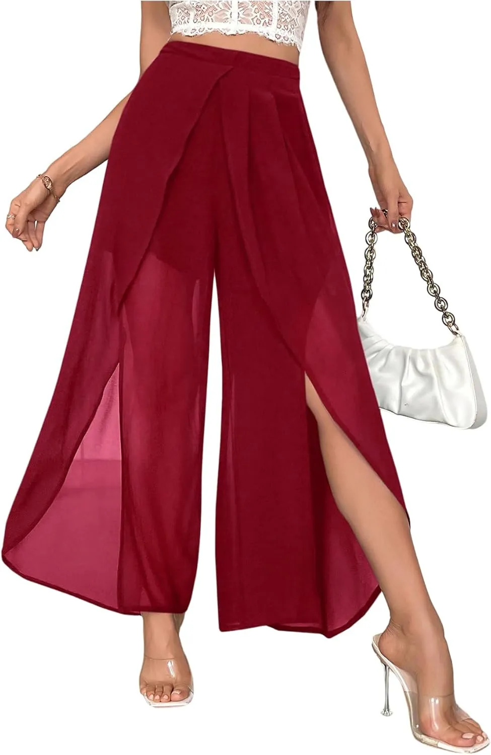 Women's High Waisted Split Pants Straight Leg Loose FIt Sheer Long Trousers