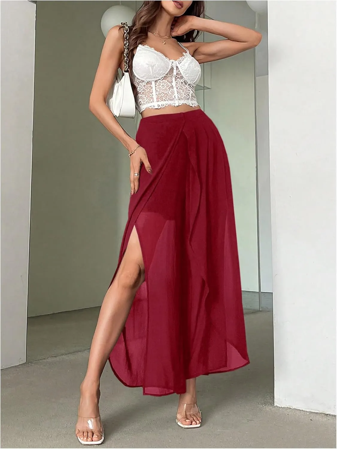 Women's High Waisted Split Pants Straight Leg Loose FIt Sheer Long Trousers
