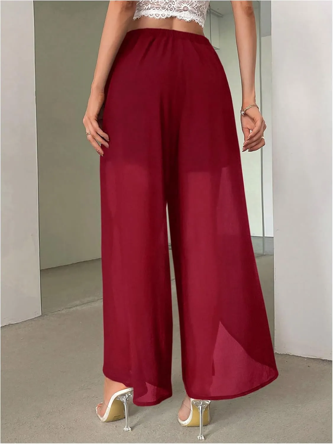 Women's High Waisted Split Pants Straight Leg Loose FIt Sheer Long Trousers